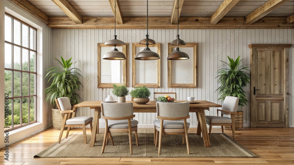 Fototapeta premium Farmhouse dining room interior with frame mockup for realistic renderings