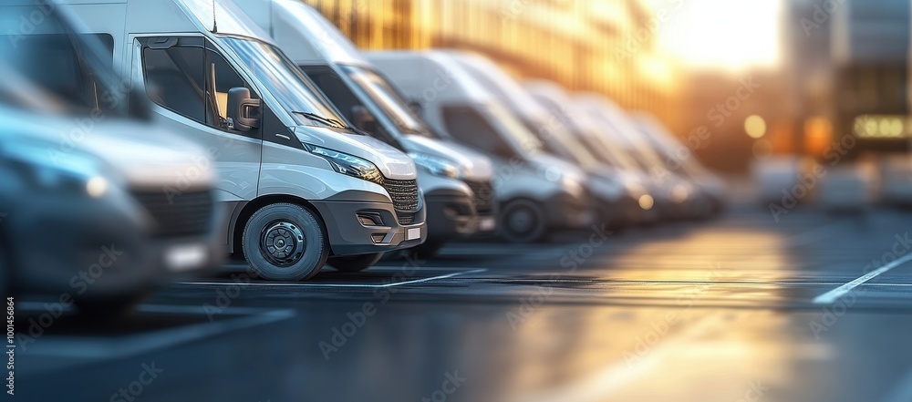 3D rendering of delivery trucks on city street with cinematic bokeh effect 3D rendering of delivery trucks on city street with cinematic bokeh effect