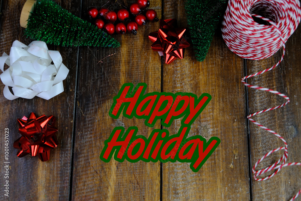 Season's greetings scene. Top view of Christmas decorations, balls, rustic star, holly berries, frosty spruce branches, confetti on green backdrop, perfect for messages or promo. text concept Season's greetings scene. Top view of Christmas decorations, balls, rustic star, holly berries, frosty spruce branches, confetti on green backdrop, perfect for messages or promo. text concept