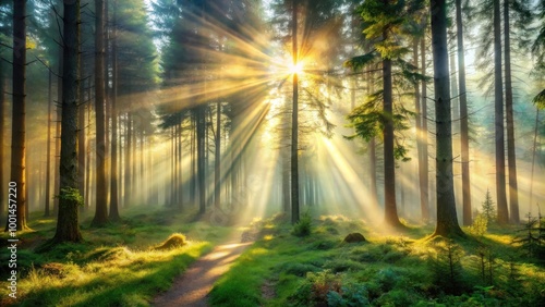 Enchanting forest scene with sun rays piercing through dense fog for mystical ambiance