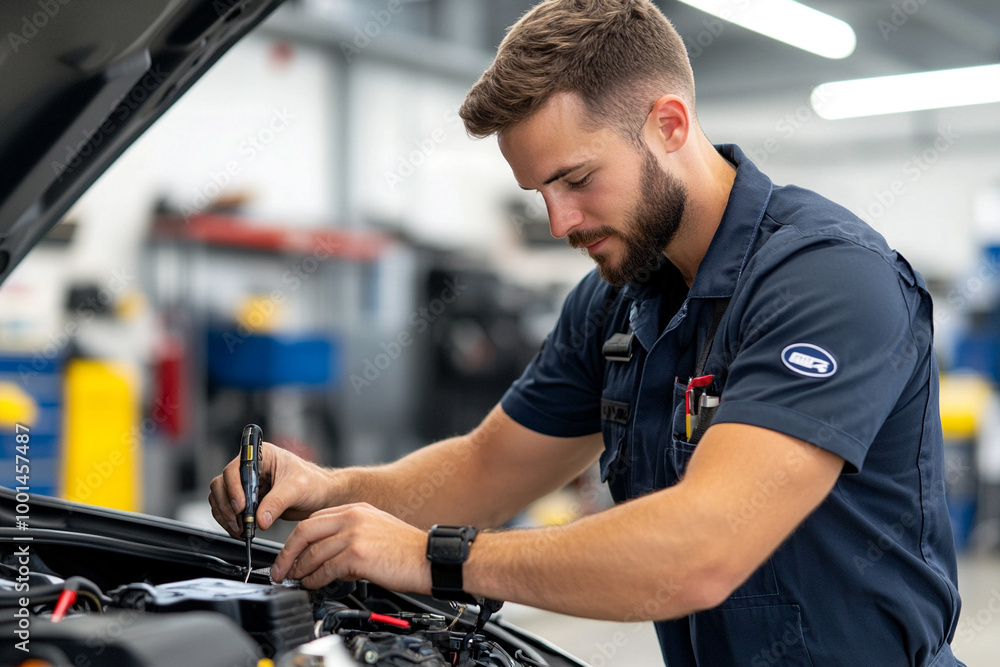 Mechanic fixing a car engine in a garage, symbolizing automotive repair occupations Mechanic fixing a car engine in a garage, symbolizing automotive repair occupations