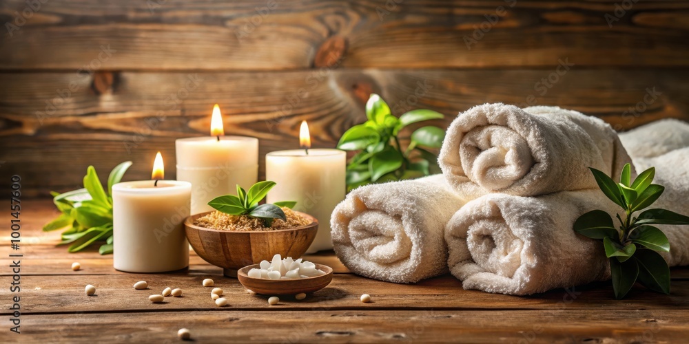 Luxurious spa still life arrangement with fluffy towels and aromatic candle on wooden table Luxurious spa still life arrangement with fluffy towels and aromatic candle on wooden table