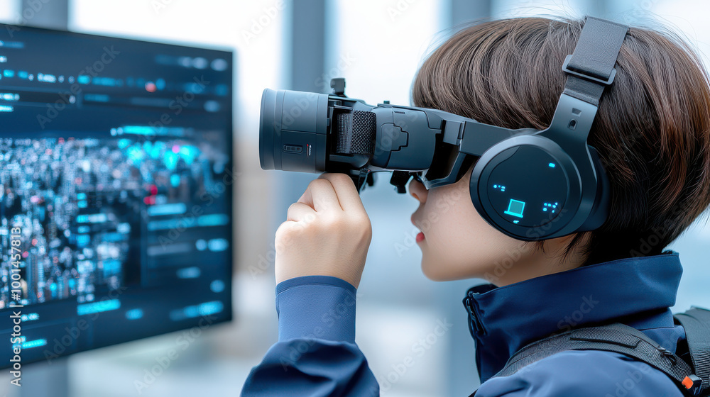 Woman Using VR Headset for Data Analysis and Visualization Woman Using VR Headset for Data Analysis and Visualization