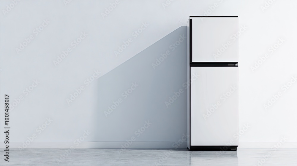 Modern white refrigerator with a contrasting black frame, situated against a pristine white wall. Clean, sleek, and contemporary home design. Modern white refrigerator with a contrasting black frame, situated against a pristine white wall. Clean, sleek, and contemporary home design.