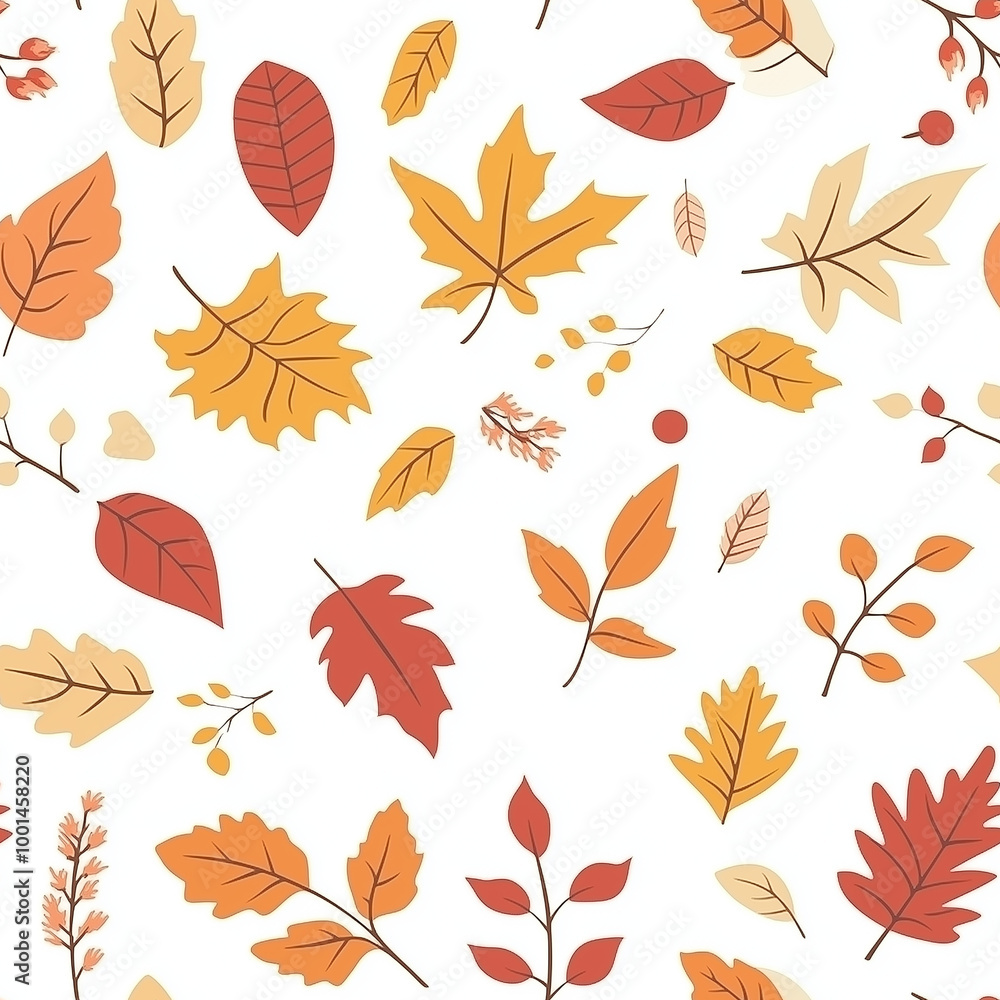 Obraz premium A seamless autumn leaves pattern with vibrant maple and oak leaves in shades of yellow orange and red showcasing the colors of fall. Suitable for printing on bed sheets, curtains, graphic backgrounds 
