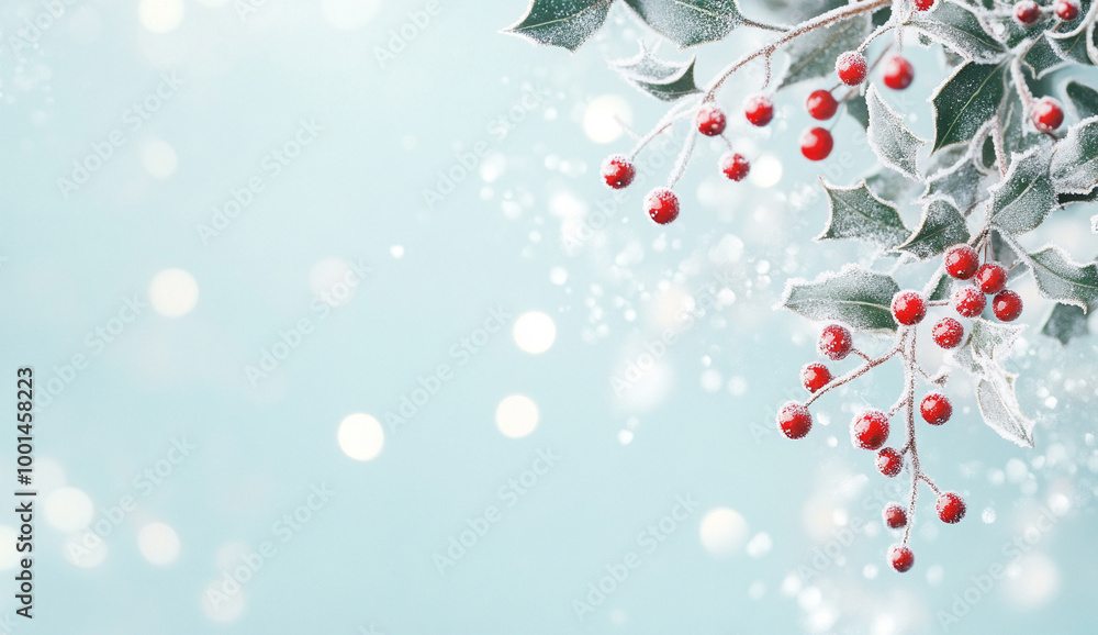 holly berries and leaves with frost, festive winter blurred background
holly berries and leaves with frost, festive winter blurred background