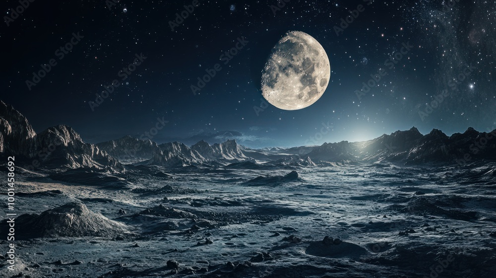A breathtaking lunar landscape, showcasing rocky terrain and craters under the bright light of the full Moon A breathtaking lunar landscape, showcasing rocky terrain and craters under the bright light of the full Moon