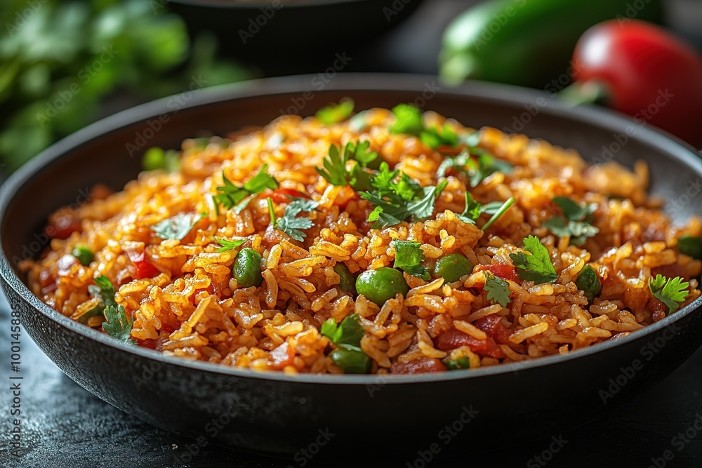 A bowl of rice with green herbs and red peppers A bowl of rice with green herbs and red peppers