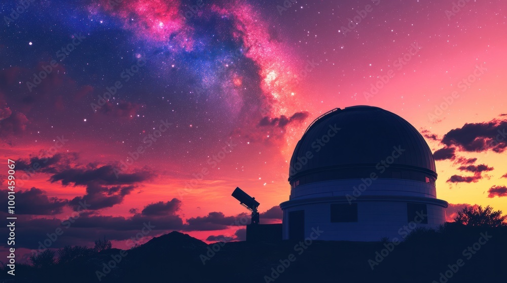 A captivating image of an observatory at dusk, with its dome open and a telescope silhouetted against the colorful sky A captivating image of an observatory at dusk, with its dome open and a telescope silhouetted against the colorful sky