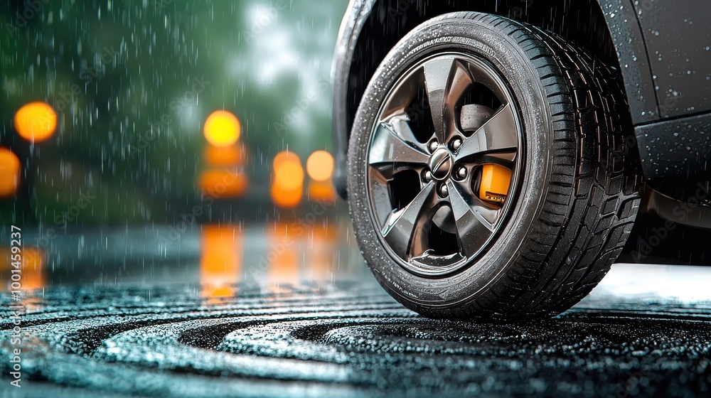 Close-up of a car wheel on wet pavement during rain, showcasing tire treads and droplets. Close-up of a car wheel on wet pavement during rain, showcasing tire treads and droplets.