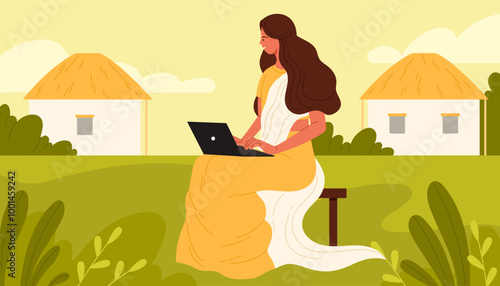 Indian woman working with laptop in farm rural landscape with village houses and green lawn. Young businesswoman with long hair and traditional sari sitting on chair typing cartoon vector illustration