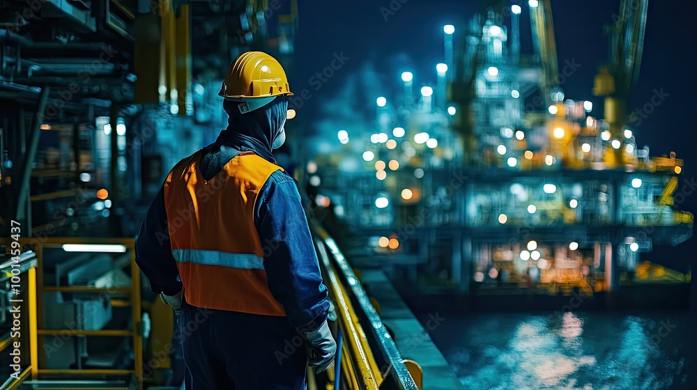 Night view of engineers in protective gear standing on an offshore oil platform, the bright lights of the platform and the surrounding sea highlighting their work environment Night view of engineers in protective gear standing on an offshore oil platform, the bright lights of the platform and the surrounding sea highlighting their work environment