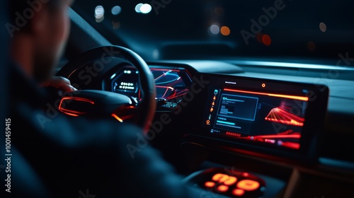 Close-up of a person driving a modern car at night with illuminated dashboard displays, showcasing advanced technology features.