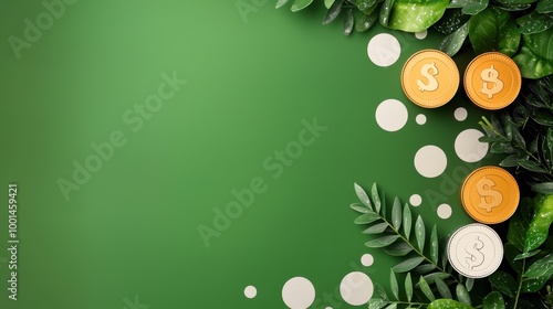 Coins and leaves on a green background symbolizing financial growth. photo