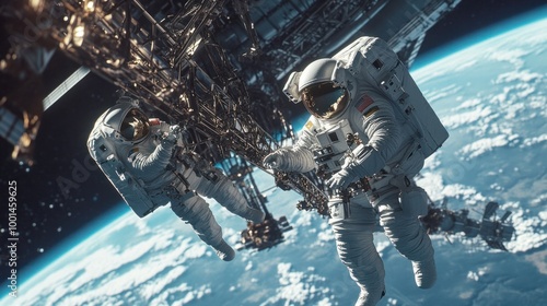 A captivating view of astronauts performing a spacewalk near a space station, with Earth visible in the background