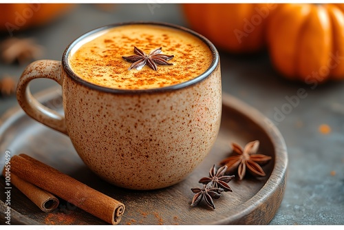 A cup of coffee with cinnamon and a sprinkle of star anise photo