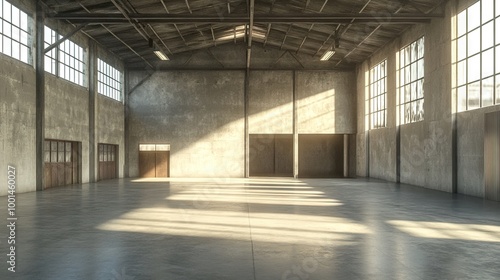 Open warehouse studio with high ceilings and a minimalist setup. The space features expansive concrete floors and tall walls, offering an airy, versatile environment