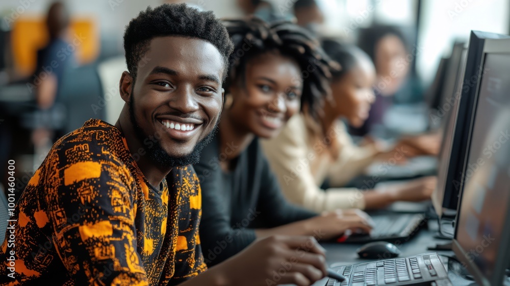 African American Man Smiling while Using Computer in a Class African American Man Smiling while Using Computer in a Class