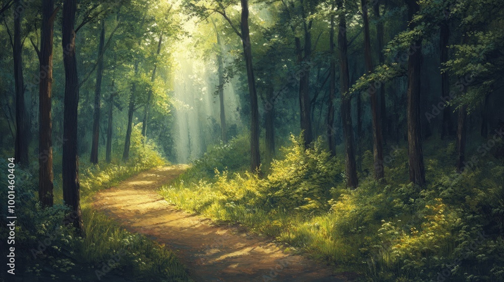 Painting of a dense forest with a winding path, sunlight filtering through the trees. Perfect for nature-inspired wallpaper or wall pictures. Painting of a dense forest with a winding path, sunlight filtering through the trees. Perfect for nature-inspired wallpaper or wall pictures.