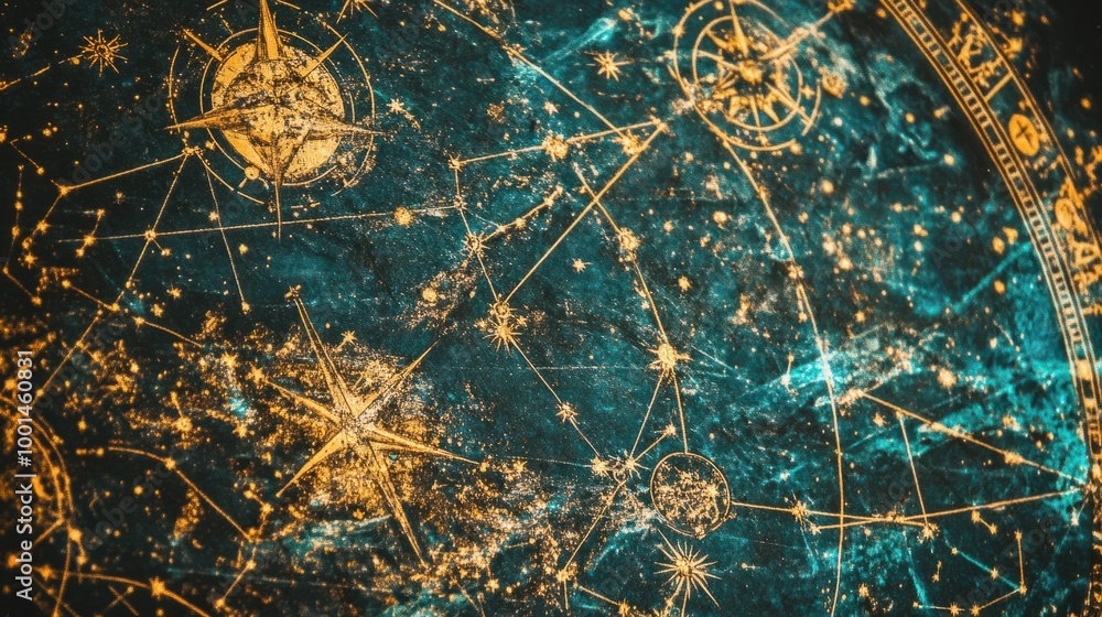 A close-up of a star chart featuring the zodiac constellations, surrounded by astrological symbols and notes A close-up of a star chart featuring the zodiac constellations, surrounded by astrological symbols and notes