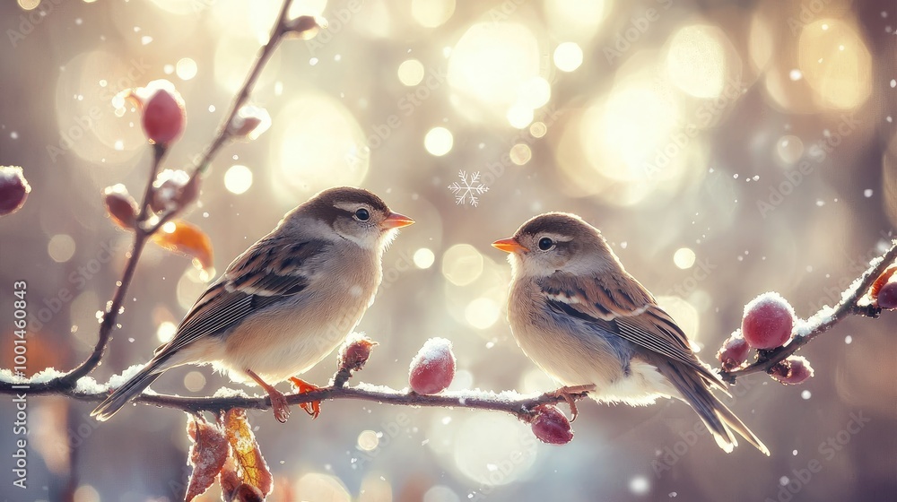 Award-winning high-definition macro photography of two little birds standing on a branch of an open plum tree, with snowflakes in the background, backlit. Award-winning high-definition macro photography of two little birds standing on a branch of an open plum tree, with snowflakes in the background, backlit.