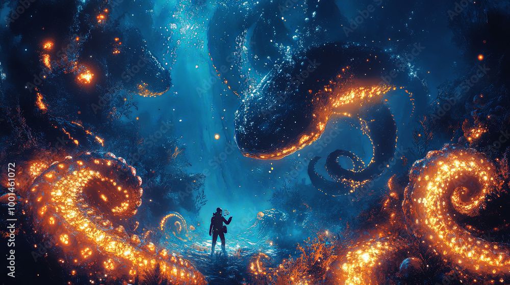 diver explores mesmerizing underwater world, surrounded by large glowing sea creatures and swirling tentacles. enchanting scene evokes sense of wonder and adventure diver explores mesmerizing underwater world, surrounded by large glowing sea creatures and swirling tentacles. enchanting scene evokes sense of wonder and adventure