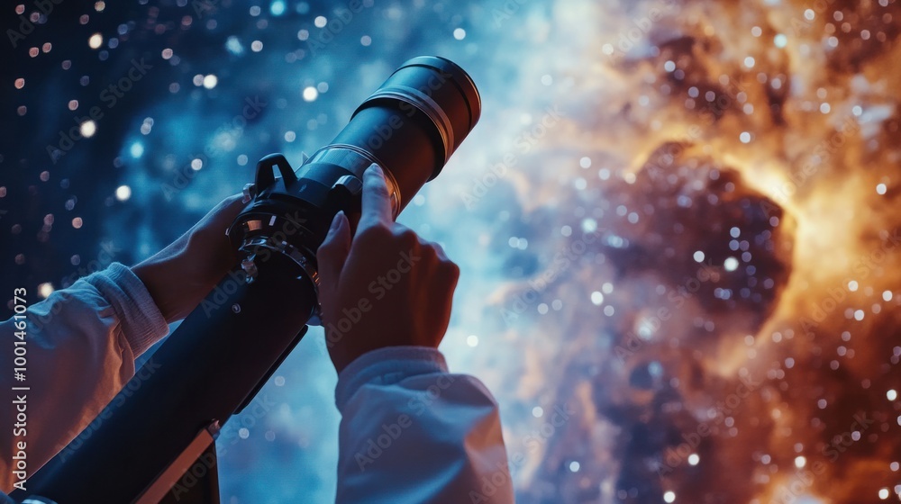 A close-up of an astronomer hands adjusting the focus on a telescope while gazing at a distant galaxy A close-up of an astronomer hands adjusting the focus on a telescope while gazing at a distant galaxy
