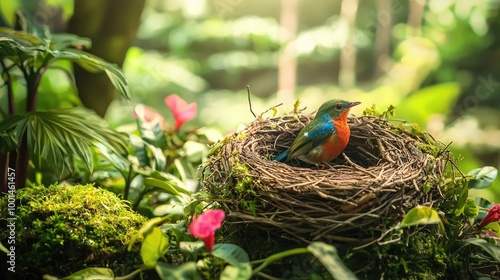 bird's nest, there is a bird inside the nest, there is a nature view in the background, the bird's nest is made like a wooden hut, there is a colorful bird inside photo