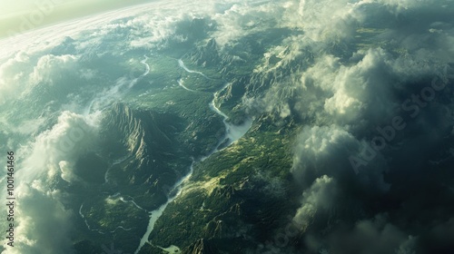 Wallpaper Mural A close-up of Earth surface, showing the details of its forests, rivers, and mountains beneath a layer of clouds Torontodigital.ca