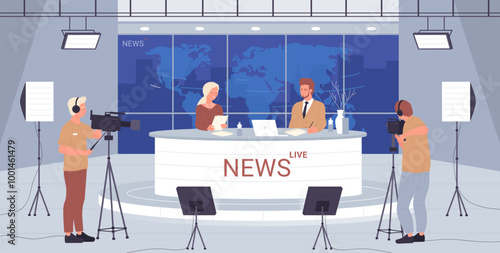 TV breaking news in studio interior with backstage. TV journalists and newscasters sitting at table on stage in spotlight, broadcasting crew with camera recording news show cartoon vector illustration
