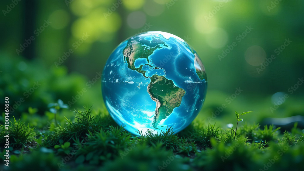 Blue glowing glass planet earth on green natural background, backlight, ecology concept Blue glowing glass planet earth on green natural background, backlight, ecology concept