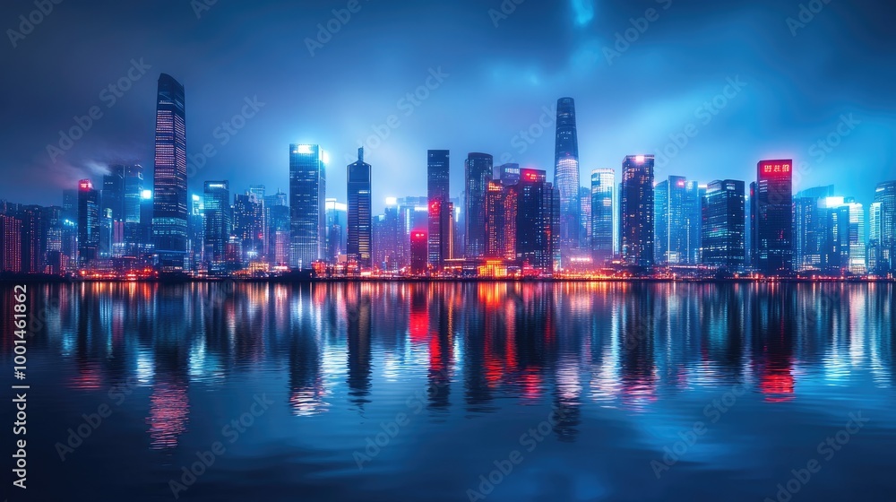 Fototapeta premium Panoramic shot of a modern city skyline at night, with bright lights from the skyscrapers mirrored in the water, highlighting the city's dynamic and vibrant atmosphere