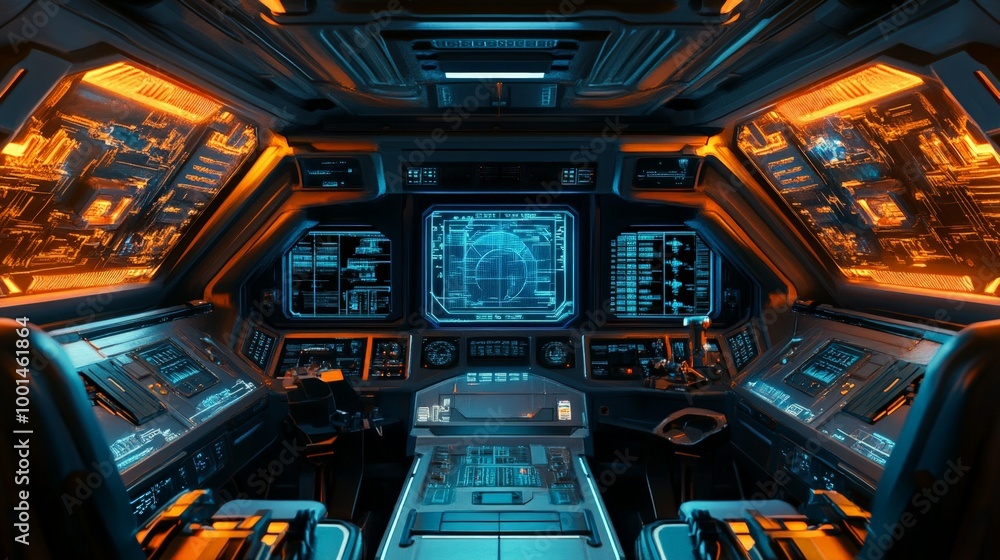 Obraz premium High-tech spaceship interior with glowing control panels, holographic displays, and futuristic seats for the crew