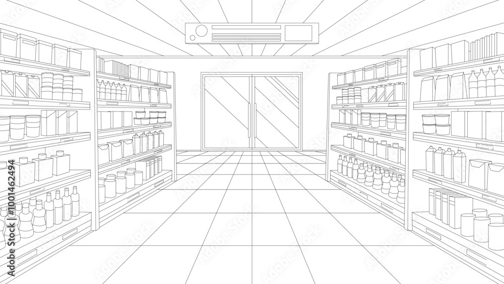 Vector illustration of a perspective sketch of modern empty supermarket interior with organized shelves and clear aisles. Represents retail space, shopping, or store layout in commercial environments. Vector illustration of a perspective sketch of modern empty supermarket interior with organized shelves and clear aisles. Represents retail space, shopping, or store layout in commercial environments.