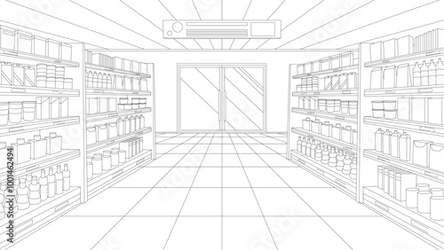 Vector illustration of a perspective sketch of modern empty supermarket interior with organized shelves and clear aisles. Represents retail space, shopping, or store layout in commercial environments.