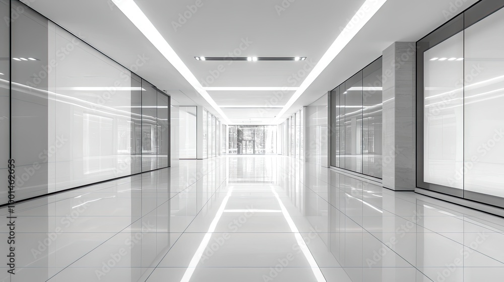 Perspective view of an empty monochromatic space with reflective ceramic tile flooring, strip lighting on the ceiling, and clean, sharp lines. Perspective view of an empty monochromatic space with reflective ceramic tile flooring, strip lighting on the ceiling, and clean, sharp lines.