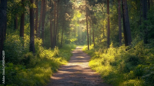 Serene forest pathway with tall trees, soft sunlight, and vibrant greenery on either side