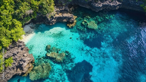 Stunning aerial view of a crystal-clear tropical lagoon with vibrant colors and coral reefs