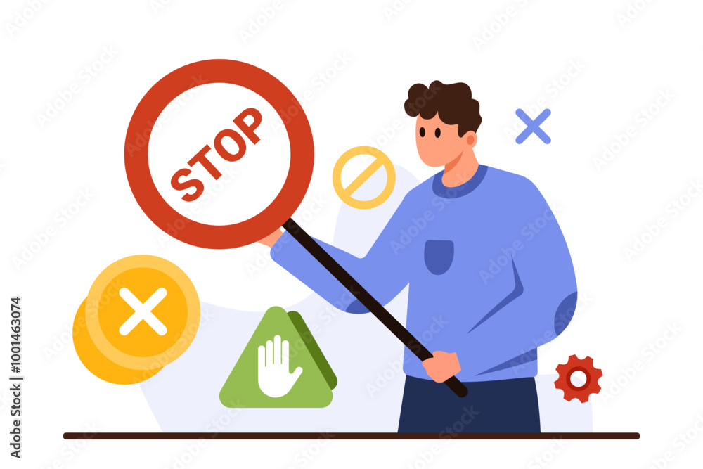 Denial signal for prohibited action, forbidden content. Tiny man ...