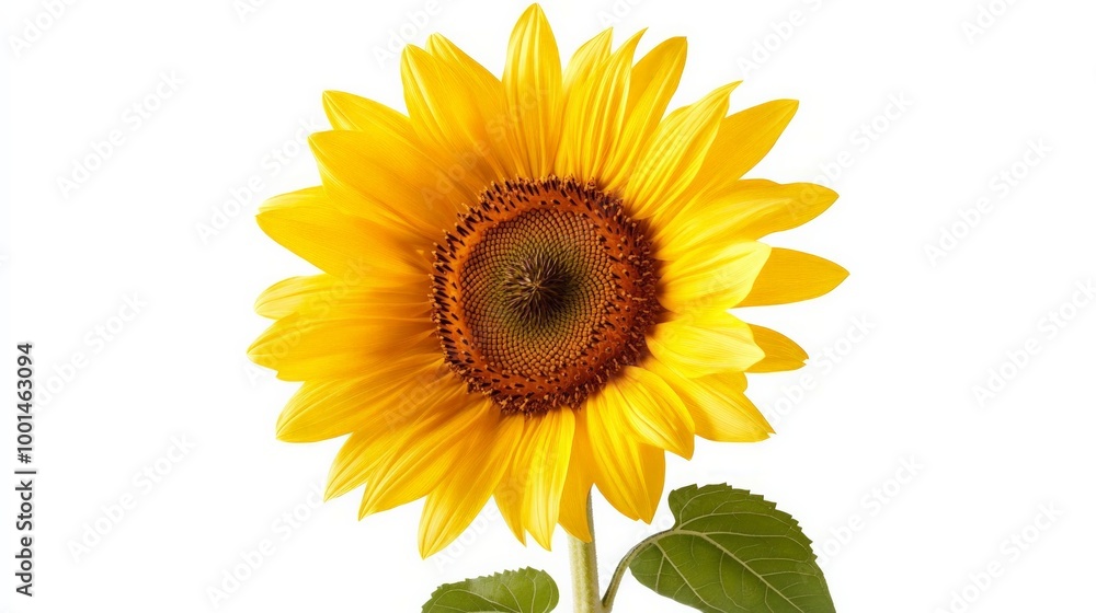 Obraz premium Sunflower with bright yellow petals and detailed brown center, a white background