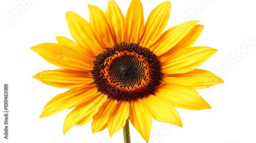 Sunflower with bright yellow petals and detailed brown center, a white background