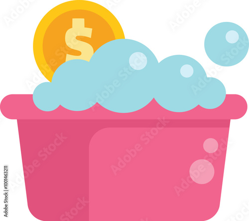 Conceptual illustration of money laundering with a gold coin being washed in a basin with soap suds