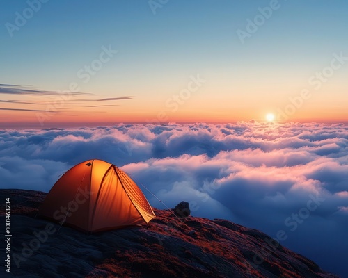 Tent on a mountain edge, overlooking a sea of clouds, peaceful and serene