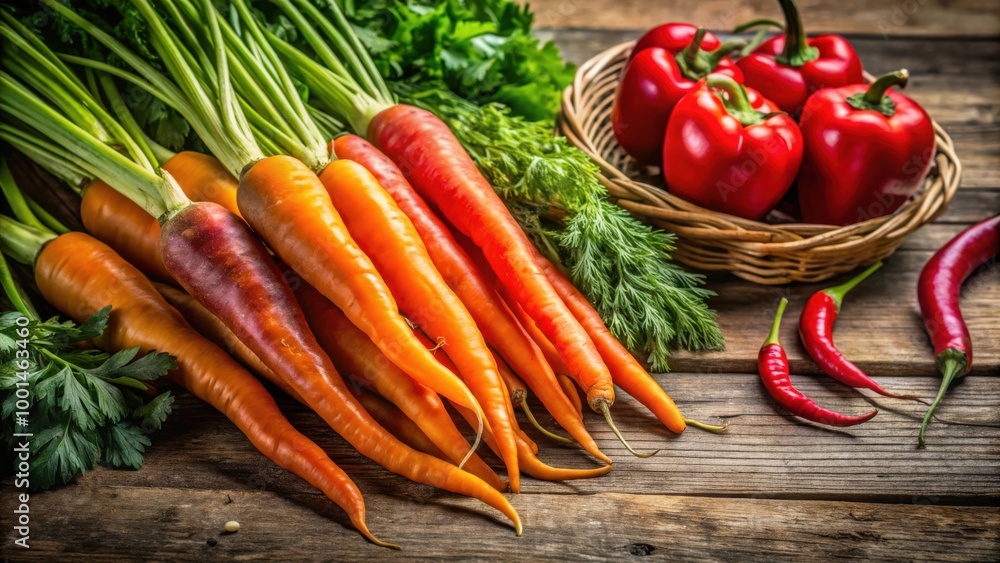 Fresh Organic Carrots and Vegetables Display in Rustic Setting with Red Pepper and Green Leafy Produce for Healthy Eating Concept Fresh Organic Carrots and Vegetables Display in Rustic Setting with Red Pepper and Green Leafy Produce for Healthy Eating Concept
