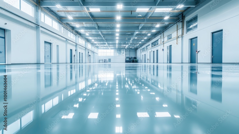 Fototapeta premium Production workshop featuring a fresh epoxy resin floor, reflecting bright overhead lights. Spacious and clean environment, ready for operations.