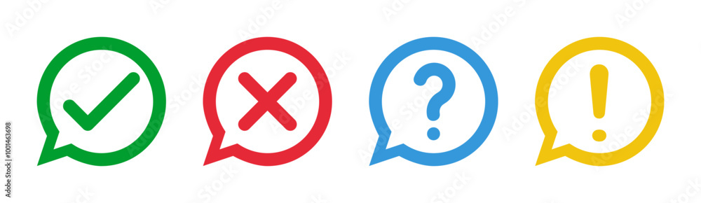 green check and red cross symbols, blue question mark and yellow exclamation point, round speech bubble thin line vector icons set green check and red cross symbols, blue question mark and yellow exclamation point, round speech bubble thin line vector icons set