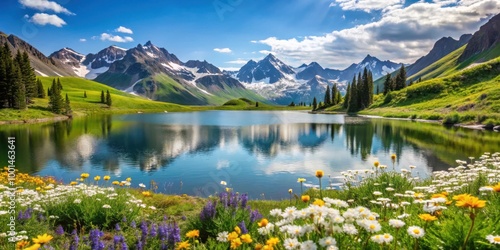 Tranquil mountain lake surrounded by wildflowers and snowy peaks for nature lovers