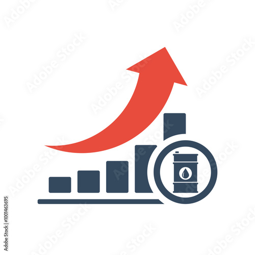 bar chart with rising exponential trend and red arrow, barrel price growth dynamic concept, oil reserves up trend