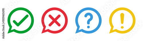 green check and red cross symbols, blue question mark and yellow exclamation point, round speech bubble thin line vector icons set