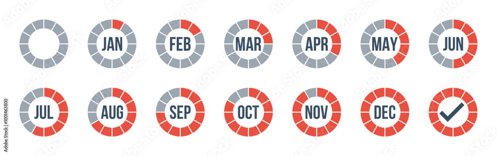 12 months round red countdown, whole year progress indicator 12 months round red countdown, whole year progress indicator